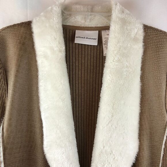 Alfred Dunner 12 Tan Ribbed Cardigan Open Front Sweater Jacket Faux Suede & Knit - Picture 3 of 11